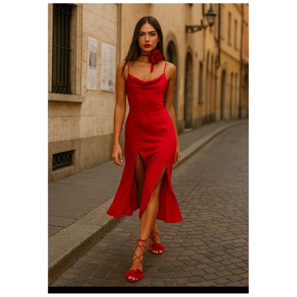 For Love And Lemons Dress Ilana Midi Asymmetric Slip in Jacquard Red - Picture 3 of 13